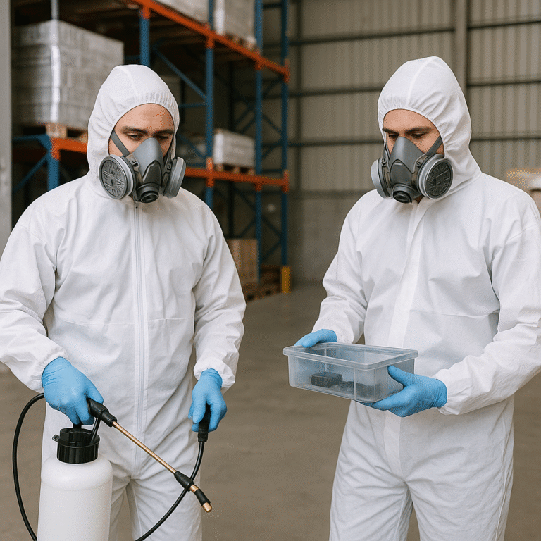 Deux techniciens Speed 3D Services en combinaison blanche effectuant une dératisation dans un site industriel à Grenoble avec pulvérisateur et matériel homologué.